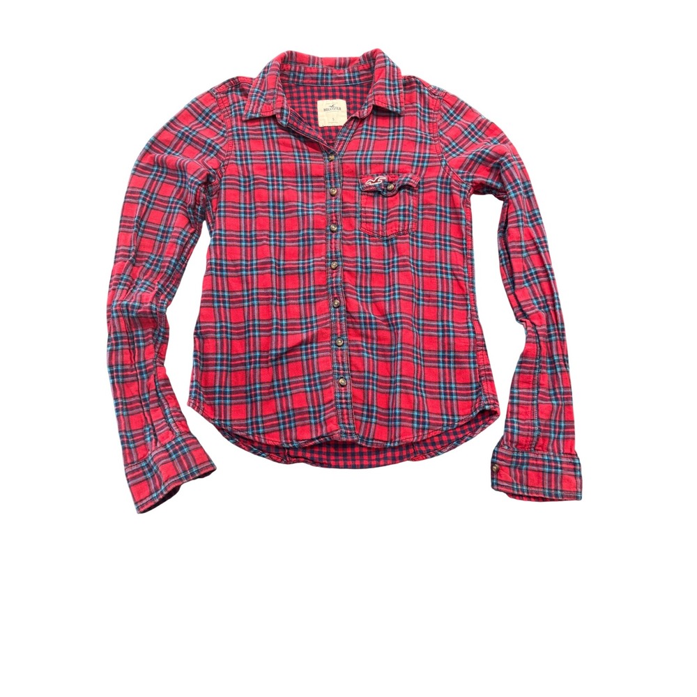 Hollister Mens Red Blue Plaid Long Sleeve Button Down Flannel Shirt Size S